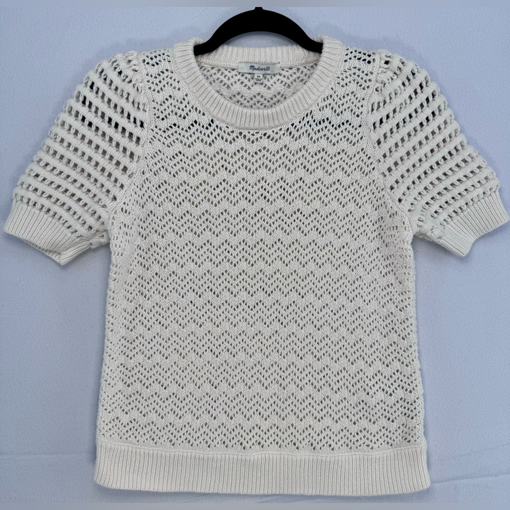 Madewell Women’s Ivory Open Knit Crochet Short Sleeve Sweater Top Crewneck XS